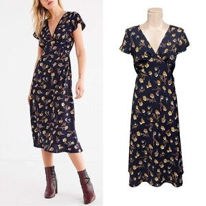Urban Outfitters Navy Floral V Neck Midi Dress